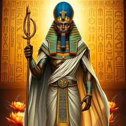 An imposing depiction of Ptah, the ancient Egyptian god of creation, portrayed in a powerful and divine manner
