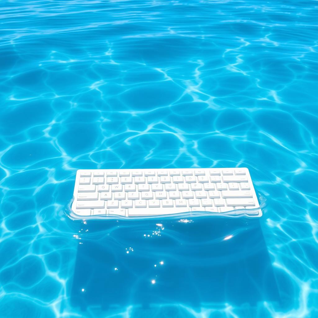 A white keyboard elegantly placed on the serene surface of the sea, reflecting the bright blue sky above