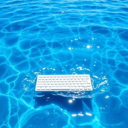 A white keyboard elegantly placed on the serene surface of the sea, reflecting the bright blue sky above