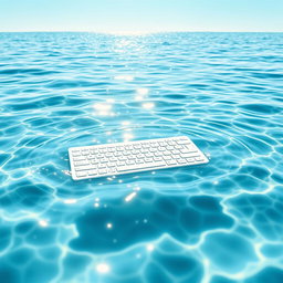 A white keyboard elegantly placed on the serene surface of the sea, reflecting the bright blue sky above