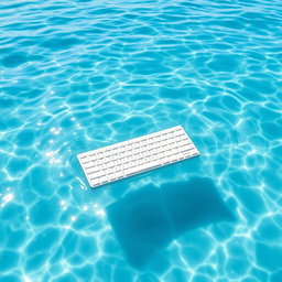 A white keyboard elegantly placed on the serene surface of the sea, reflecting the bright blue sky above