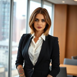 A striking female office worker with visible tattoos on her arms, wearing a stylish formal office attire consisting of a fitted black blazer and a crisp white blouse