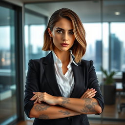 A striking female office worker with visible tattoos on her arms, wearing a stylish formal office attire consisting of a fitted black blazer and a crisp white blouse