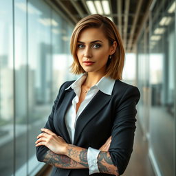 A striking female office worker with visible tattoos on her arms, wearing a stylish formal office attire consisting of a fitted black blazer and a crisp white blouse