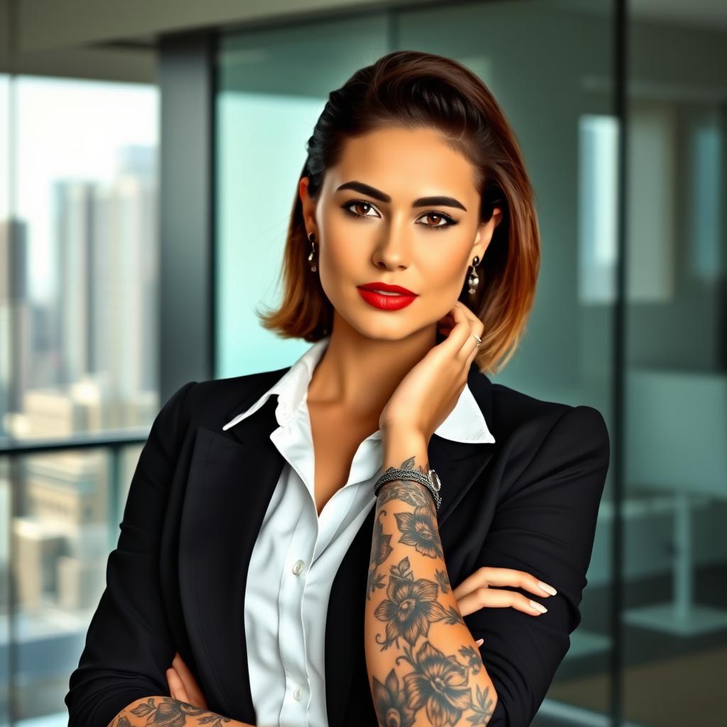 A striking female office worker with visible tattoos on her arms, wearing a stylish formal office attire consisting of a fitted black blazer and a crisp white blouse