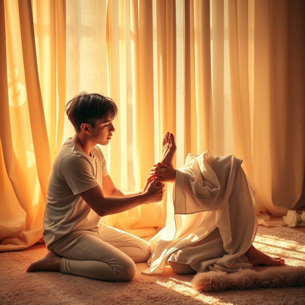 A young man gently kissing a woman's foot, in a soft and intimate setting, showcasing affection and tenderness