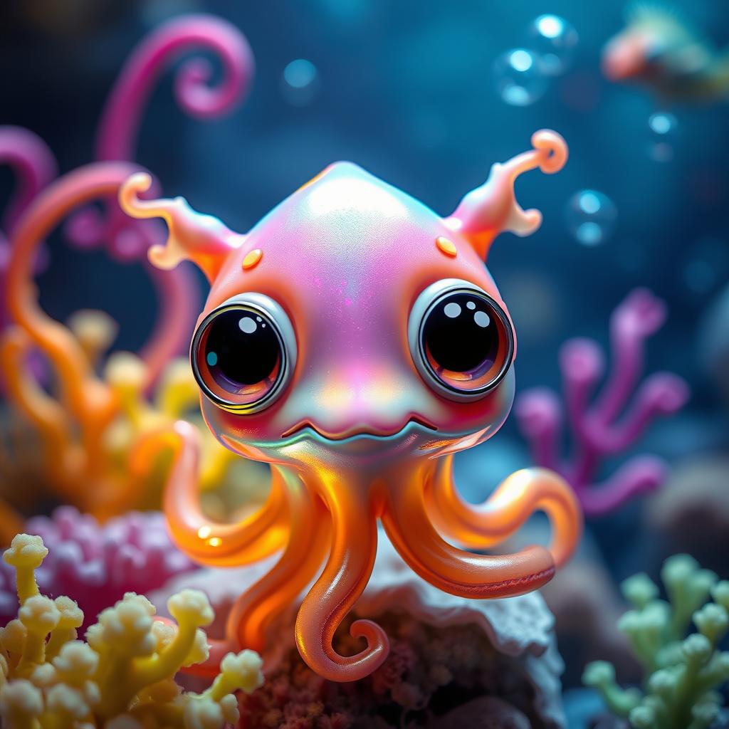 A cute, fantastical creature resembling a calamar (squid) with oversized, expressive eyes and a vibrant, iridescent body
