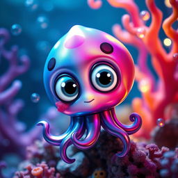 A cute, fantastical creature resembling a calamar (squid) with oversized, expressive eyes and a vibrant, iridescent body