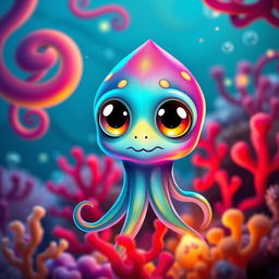 A cute, fantastical creature resembling a calamar (squid) with oversized, expressive eyes and a vibrant, iridescent body