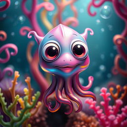 A cute, fantastical creature resembling a calamar (squid) with oversized, expressive eyes and a vibrant, iridescent body