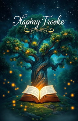 A visually striking front cover for a book, featuring a mystical forest landscape under a starry night sky, with glowing fireflies illuminating the scene