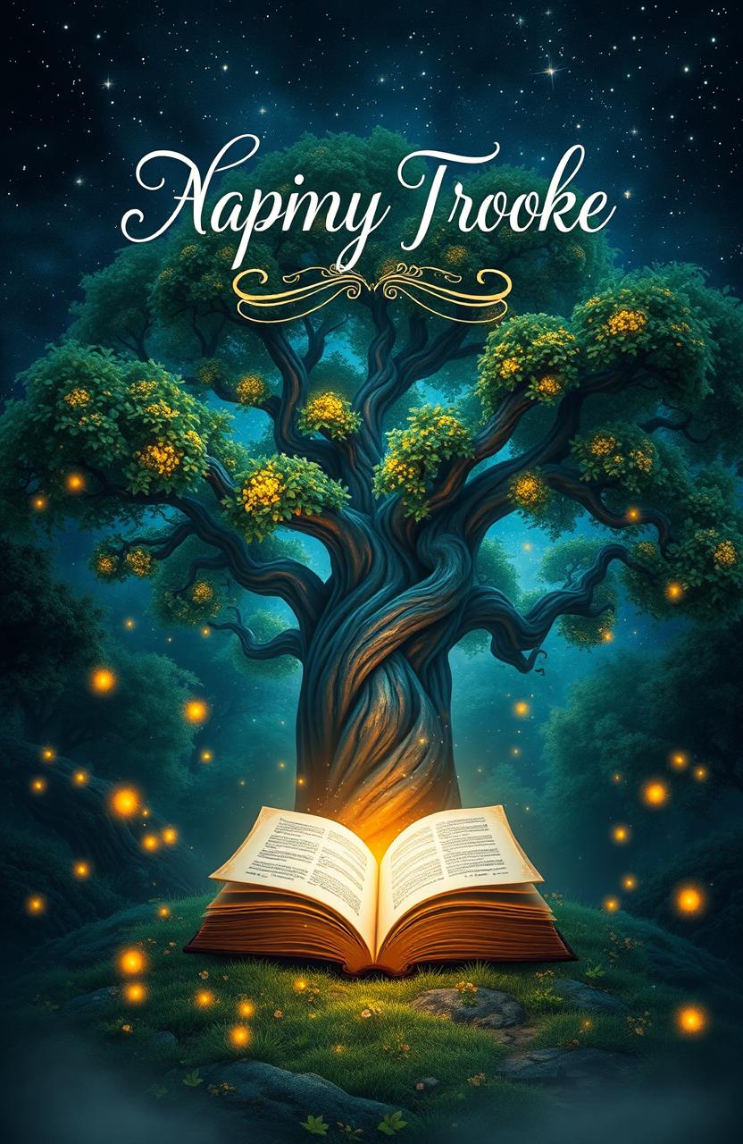 A visually striking front cover for a book, featuring a mystical forest landscape under a starry night sky, with glowing fireflies illuminating the scene