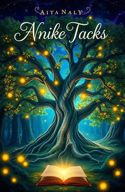 A visually striking front cover for a book, featuring a mystical forest landscape under a starry night sky, with glowing fireflies illuminating the scene