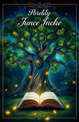 A visually striking front cover for a book, featuring a mystical forest landscape under a starry night sky, with glowing fireflies illuminating the scene