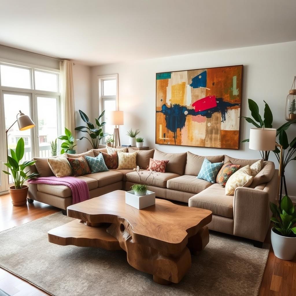 A beautifully decorated modern living room filled with unique and artistic designs