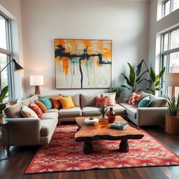 A beautifully decorated modern living room filled with unique and artistic designs