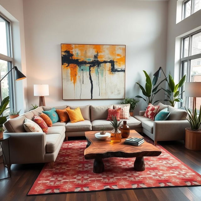 A beautifully decorated modern living room filled with unique and artistic designs