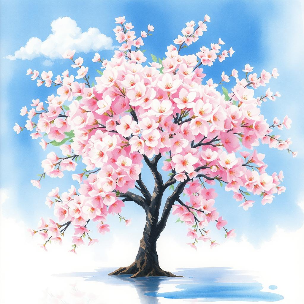 A stunning watercolor painting of a cherry blossom tree in full bloom, with delicate pink and white petals creating a soft, dreamy atmosphere