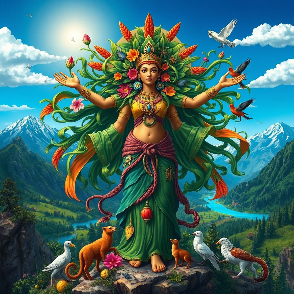 A vibrant and mystical representation of Pachamama, embodying Mother Earth as a powerful and nurturing figure