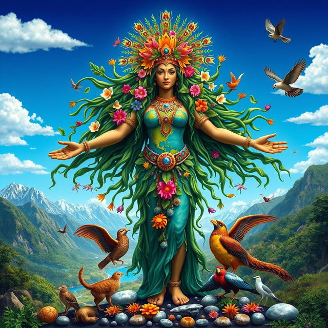 A vibrant and mystical representation of Pachamama, embodying Mother Earth as a powerful and nurturing figure
