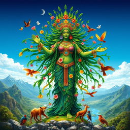 A vibrant and mystical representation of Pachamama, embodying Mother Earth as a powerful and nurturing figure