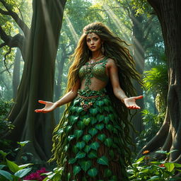 A majestic goddess of Earth, with long flowing hair made of green vines and flowers