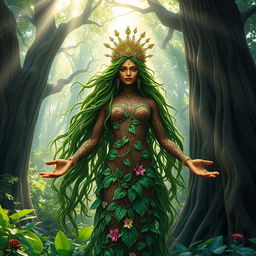 A majestic goddess of Earth, with long flowing hair made of green vines and flowers