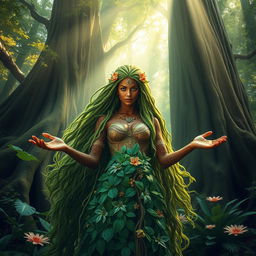 A majestic goddess of Earth, with long flowing hair made of green vines and flowers