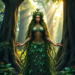 A majestic goddess of Earth, with long flowing hair made of green vines and flowers