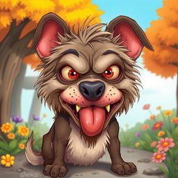 A cartoonish depiction of a very ugly dog showing exaggerated features like matted fur, bulging eyes, and oversized ears, embodying a rabid appearance with foaming at the mouth, while surrounded by colorful background elements such as trees and flowers, to create a humorous and light-hearted atmosphere