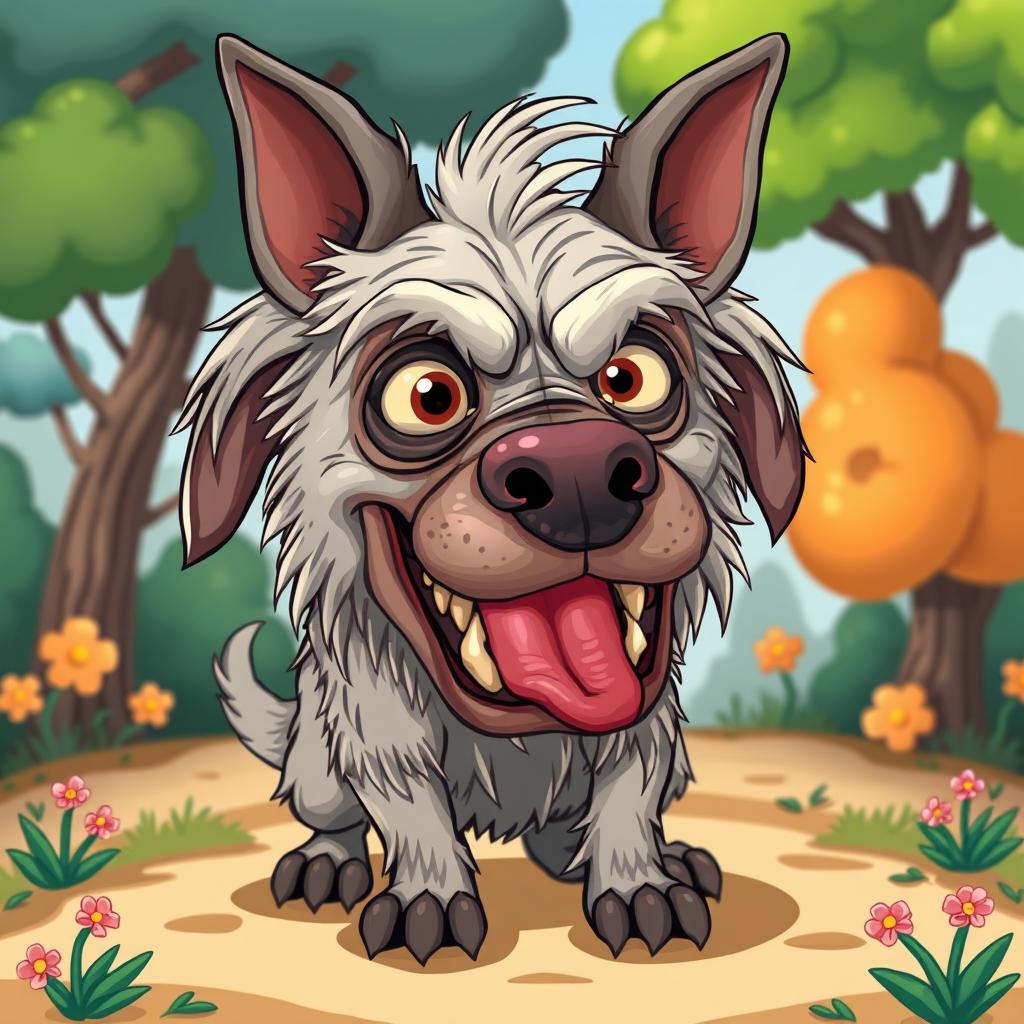 A cartoonish depiction of a very ugly dog showing exaggerated features like matted fur, bulging eyes, and oversized ears, embodying a rabid appearance with foaming at the mouth, while surrounded by colorful background elements such as trees and flowers, to create a humorous and light-hearted atmosphere