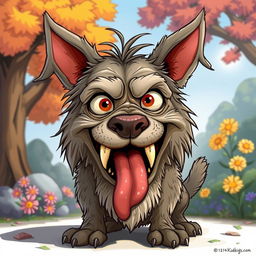 A cartoonish depiction of a very ugly dog showing exaggerated features like matted fur, bulging eyes, and oversized ears, embodying a rabid appearance with foaming at the mouth, while surrounded by colorful background elements such as trees and flowers, to create a humorous and light-hearted atmosphere
