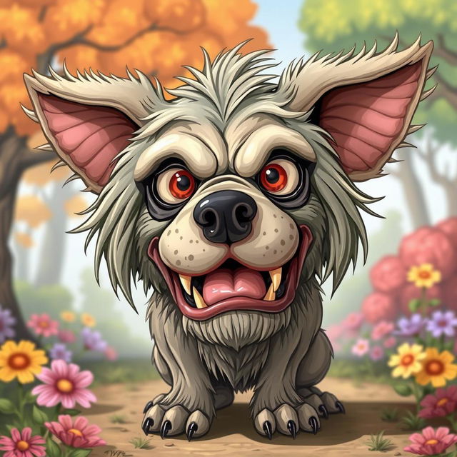 A cartoonish depiction of a very ugly dog showing exaggerated features like matted fur, bulging eyes, and oversized ears, embodying a rabid appearance with foaming at the mouth, while surrounded by colorful background elements such as trees and flowers, to create a humorous and light-hearted atmosphere