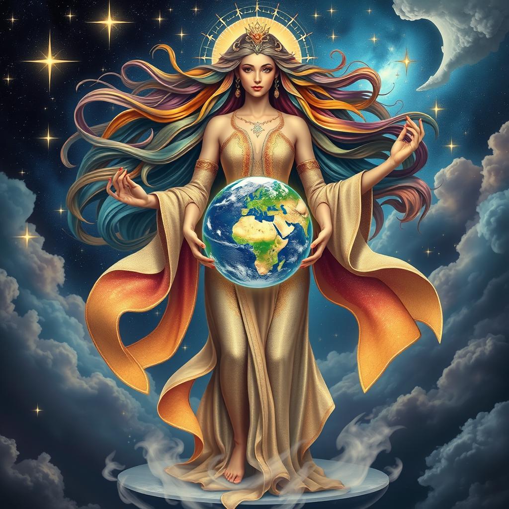 A magnificent goddess gracefully holding a vibrant Earth in her hands, surrounded by a celestial backdrop filled with twinkling stars and cosmic clouds