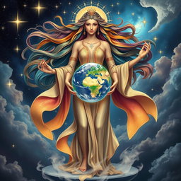 A magnificent goddess gracefully holding a vibrant Earth in her hands, surrounded by a celestial backdrop filled with twinkling stars and cosmic clouds