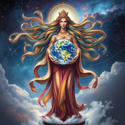 A magnificent goddess gracefully holding a vibrant Earth in her hands, surrounded by a celestial backdrop filled with twinkling stars and cosmic clouds