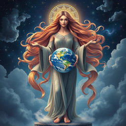 A magnificent goddess gracefully holding a vibrant Earth in her hands, surrounded by a celestial backdrop filled with twinkling stars and cosmic clouds