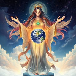 A magnificent goddess gracefully holding a vibrant Earth in her hands, surrounded by a celestial backdrop filled with twinkling stars and cosmic clouds