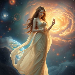 A stunning and ethereal dainty goddess, featuring delicate features and flowing garments, standing gracefully amidst a breathtaking background that blends the vibrant colors of Earth with the mesmerizing beauty of a galaxy filled with twinkling stars and swirling nebulae