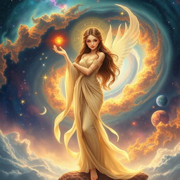 A stunning and ethereal dainty goddess, featuring delicate features and flowing garments, standing gracefully amidst a breathtaking background that blends the vibrant colors of Earth with the mesmerizing beauty of a galaxy filled with twinkling stars and swirling nebulae
