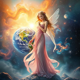 A stunning and ethereal dainty goddess, featuring delicate features and flowing garments, standing gracefully amidst a breathtaking background that blends the vibrant colors of Earth with the mesmerizing beauty of a galaxy filled with twinkling stars and swirling nebulae
