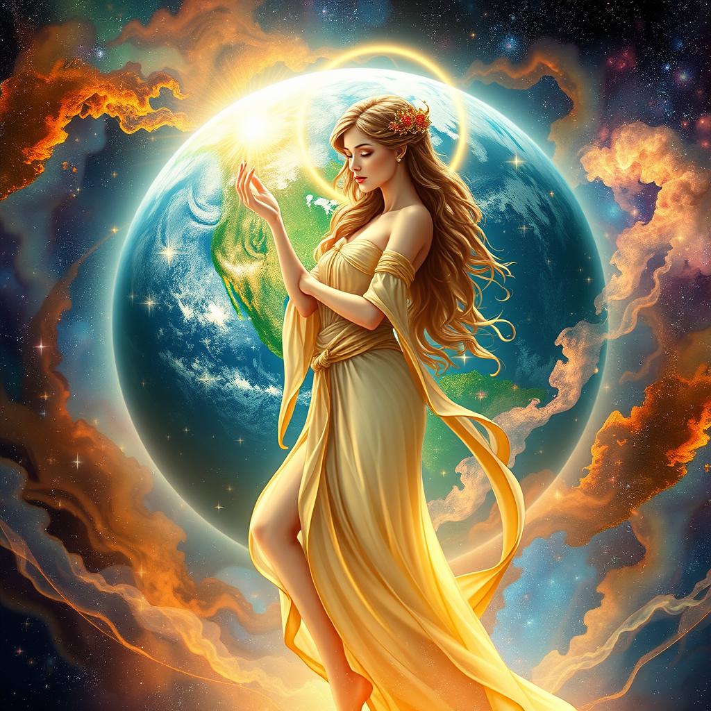 A stunning and ethereal dainty goddess, featuring delicate features and flowing garments, standing gracefully amidst a breathtaking background that blends the vibrant colors of Earth with the mesmerizing beauty of a galaxy filled with twinkling stars and swirling nebulae
