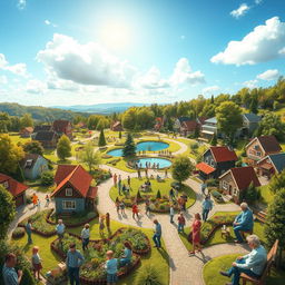 A charming and idyllic community featuring a variety of houses with colorful gardens, interconnected by winding paths lined with trees