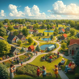 A charming and idyllic community featuring a variety of houses with colorful gardens, interconnected by winding paths lined with trees