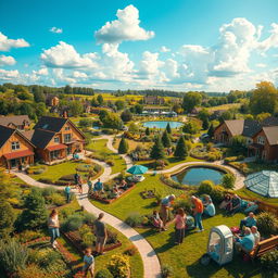 A charming and idyllic community featuring a variety of houses with colorful gardens, interconnected by winding paths lined with trees