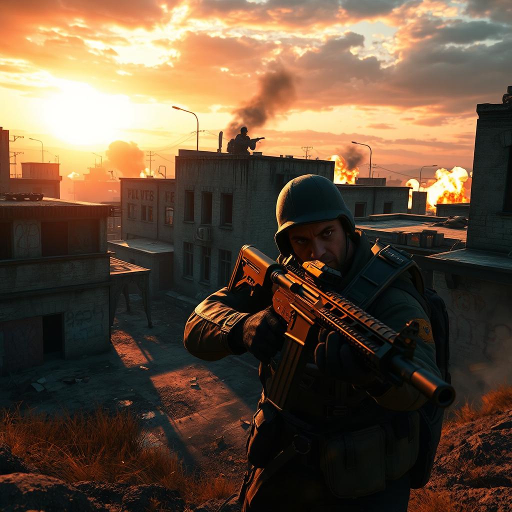 A thrilling scene from a battle royale game, depicting intense action as players skirmish in a rundown urban environment