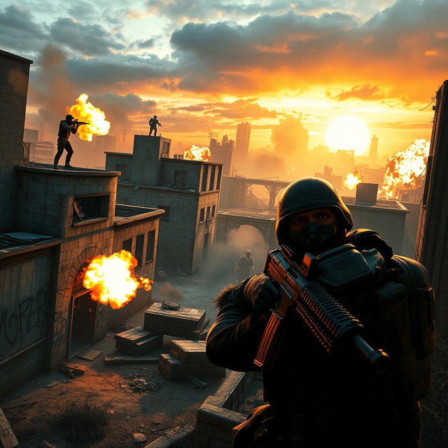 A thrilling scene from a battle royale game, depicting intense action as players skirmish in a rundown urban environment