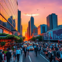 A vivid cityscape at sunset, showcasing a bustling urban environment