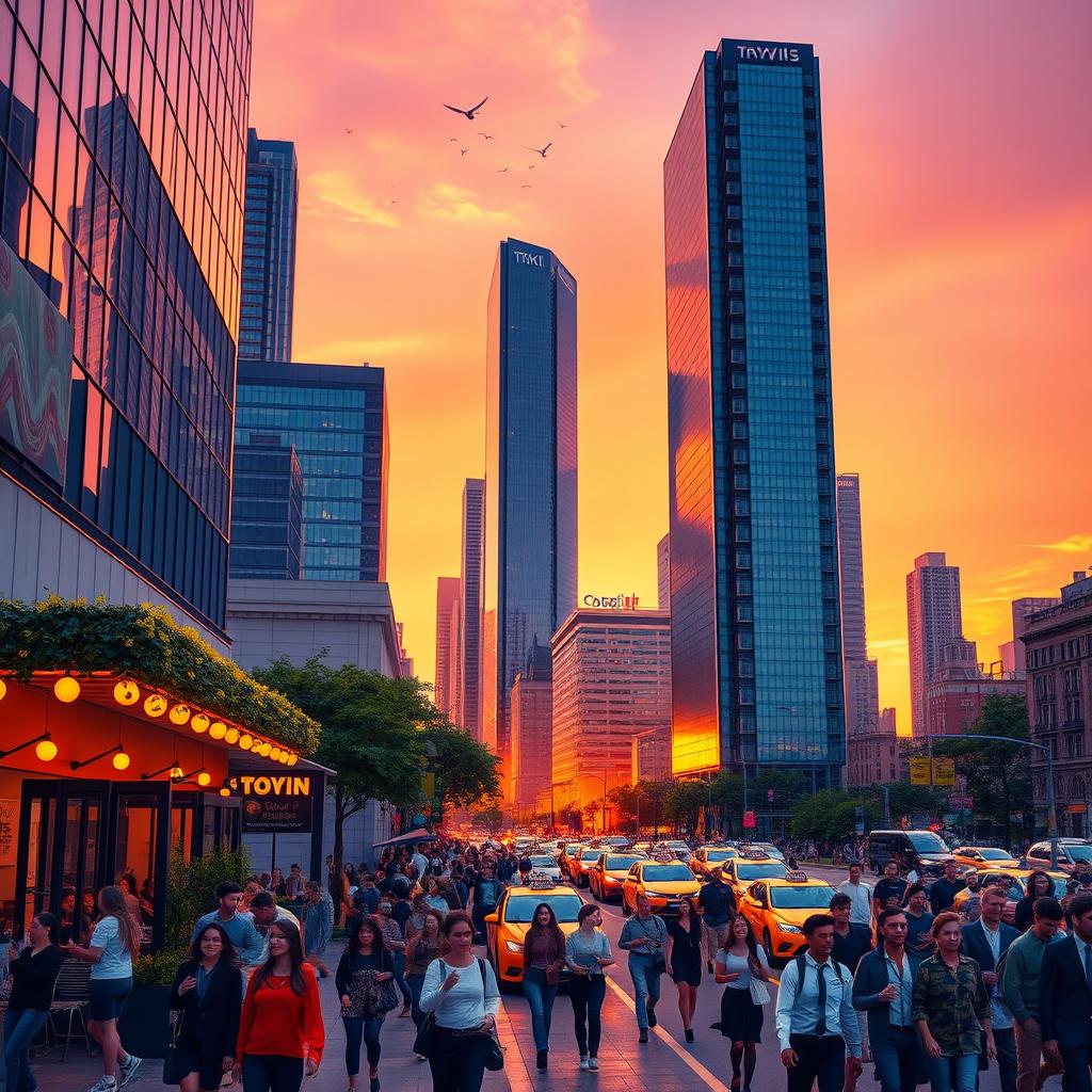 A vivid cityscape at sunset, showcasing a bustling urban environment