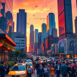 A vivid cityscape at sunset, showcasing a bustling urban environment